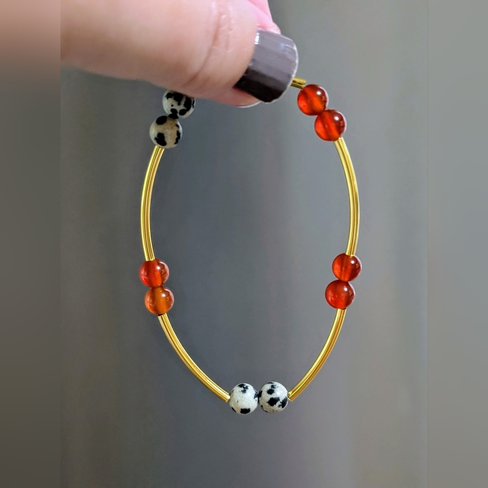 Hand Crafted Red Agate And Dalmatian Jasper Natural Stone Beaded Bracelet